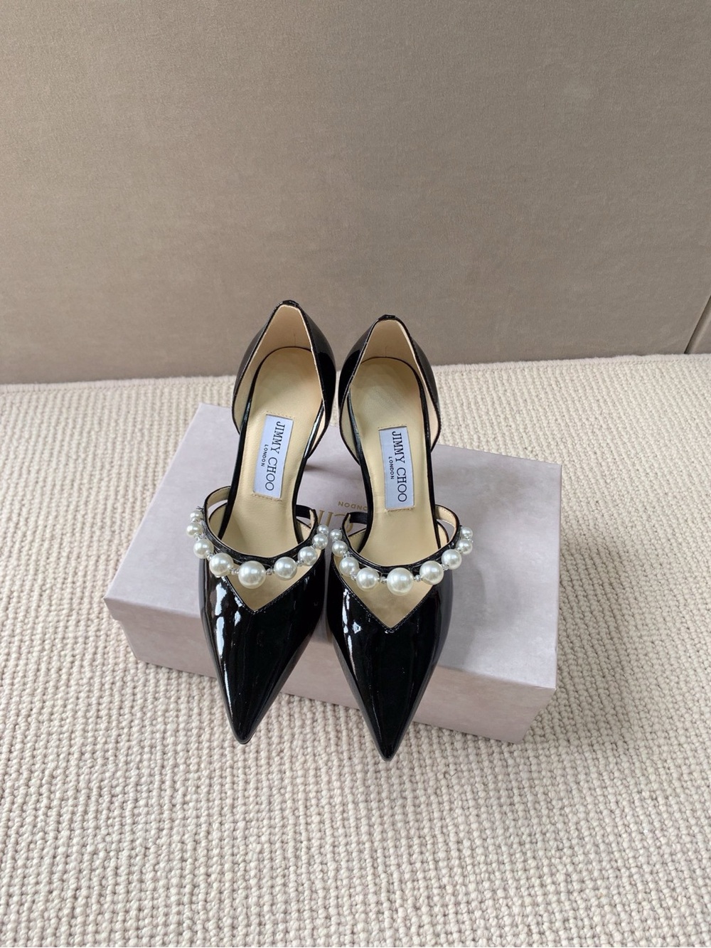 Jimmy Choo Black Patent Pointed Pearl-Strap Pumps